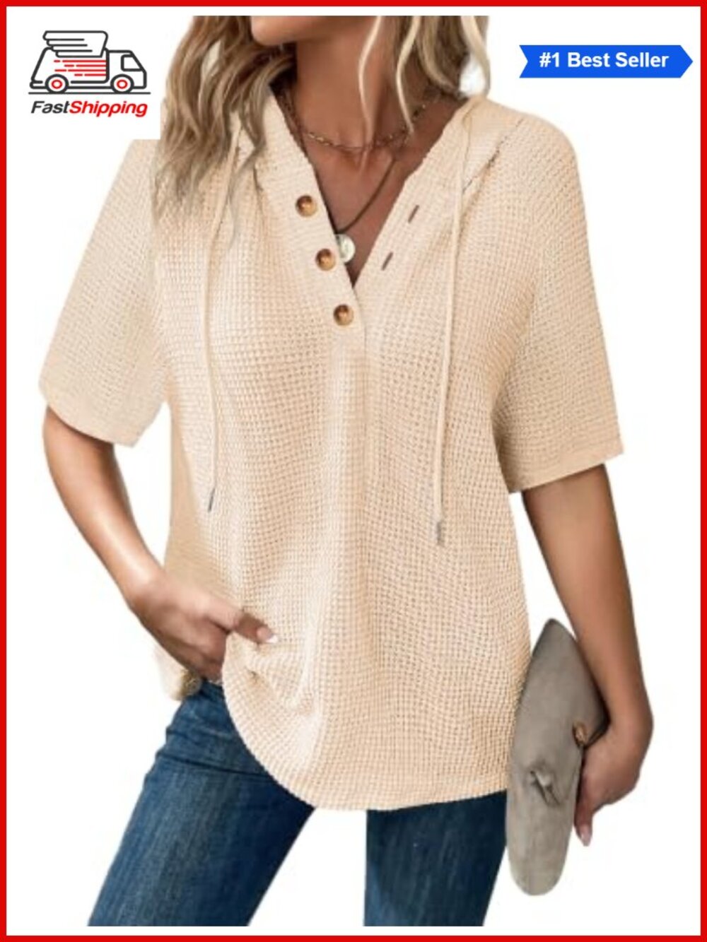 Waffle Knit Oversized V-Neck Hooded Pullover Sweatshirt Women